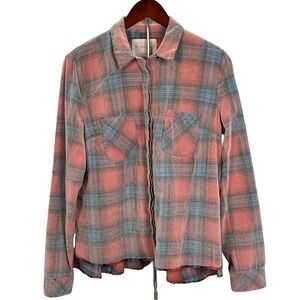 We The Free Faded Plaid Corduroy Button Up Shirt Coral Blue Frayed Hem Peplum M
